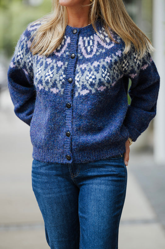 NAVY IRENE FAIR ISLE OVERSIZED CARDIGAN