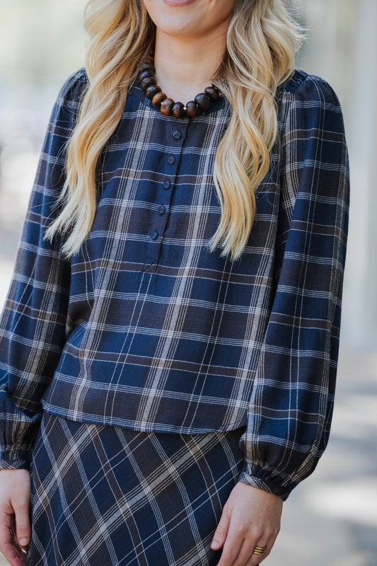 ECLIPSE AUTUMN PLAID HENLEY BLOUSE