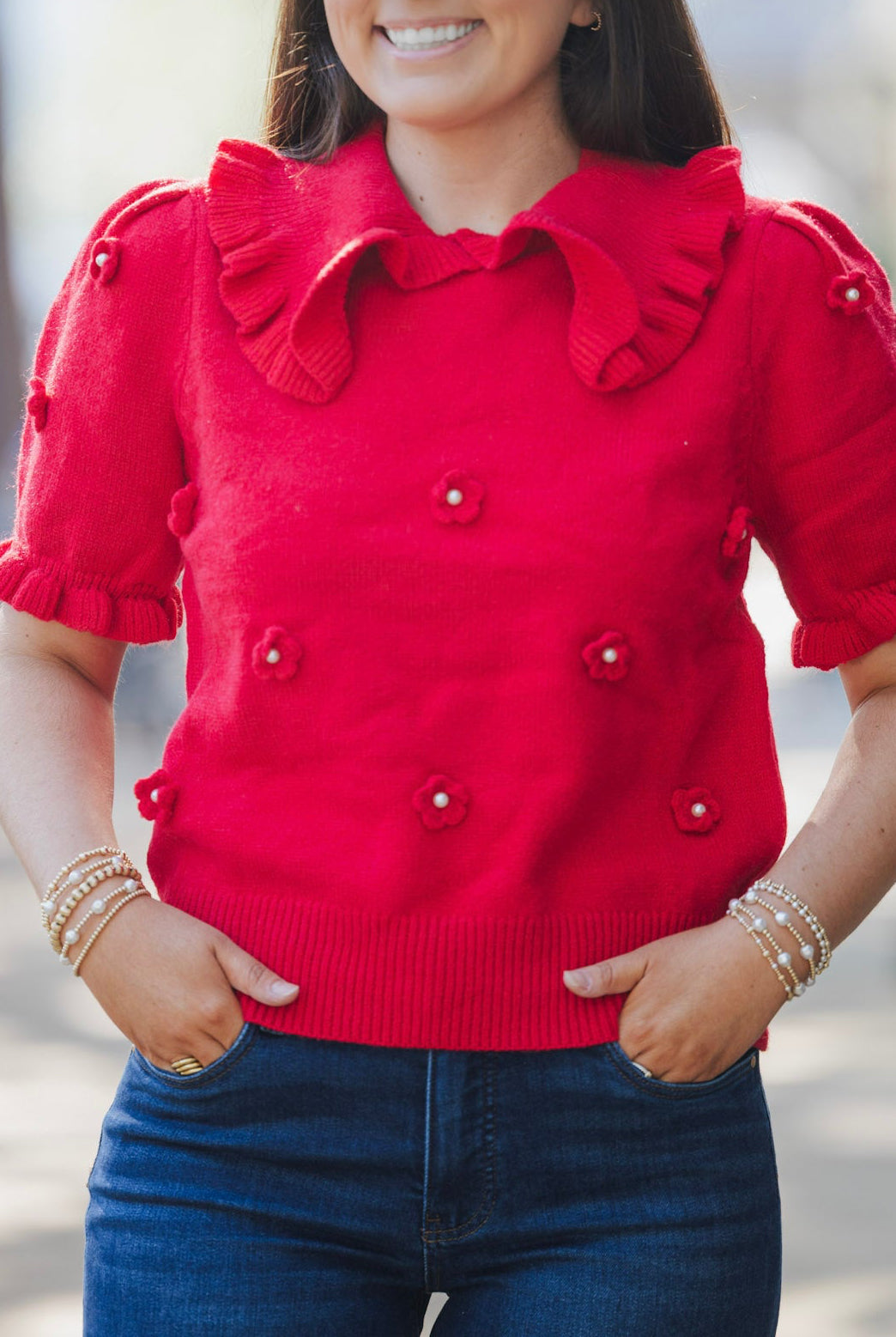 RED FLORAL AND PEARL SWEATER