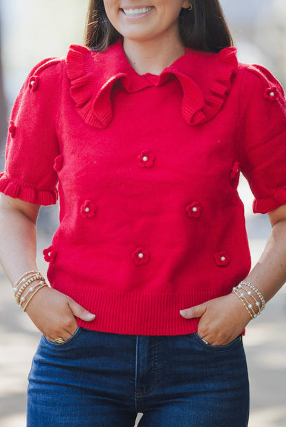 RED FLORAL AND PEARL SWEATER