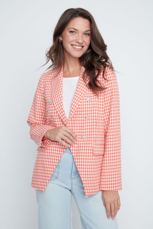 TEXTURED GINGHAM NEON CORAL BLAZER
