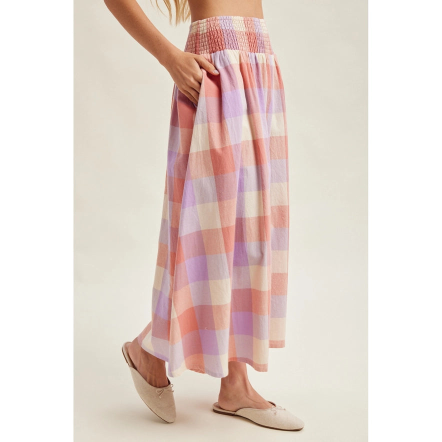 SMOCKED WAIST PLAID MIDI SKIRT