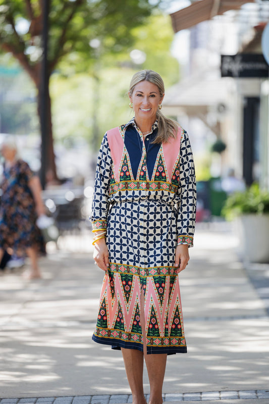 PINK AND BLACK ETHNIC GEO MIDI DRESS