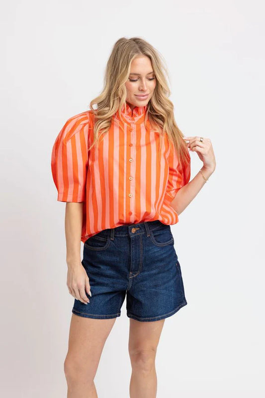 CORAL STRIPE RUFFLE NECK TOP