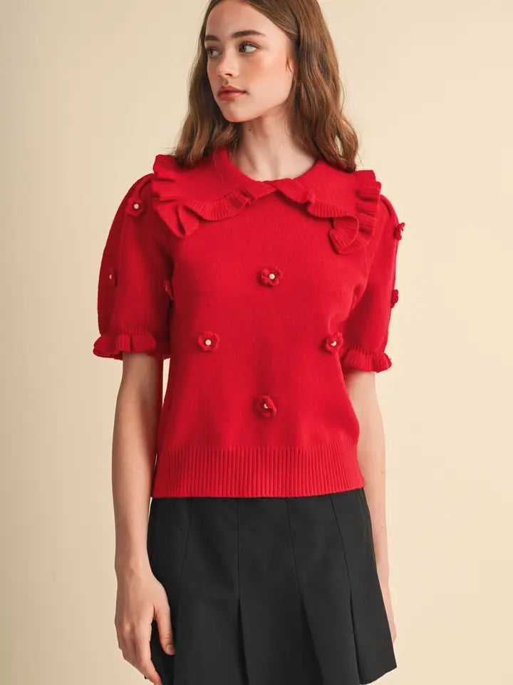 RED FLORAL AND PEARL SWEATER