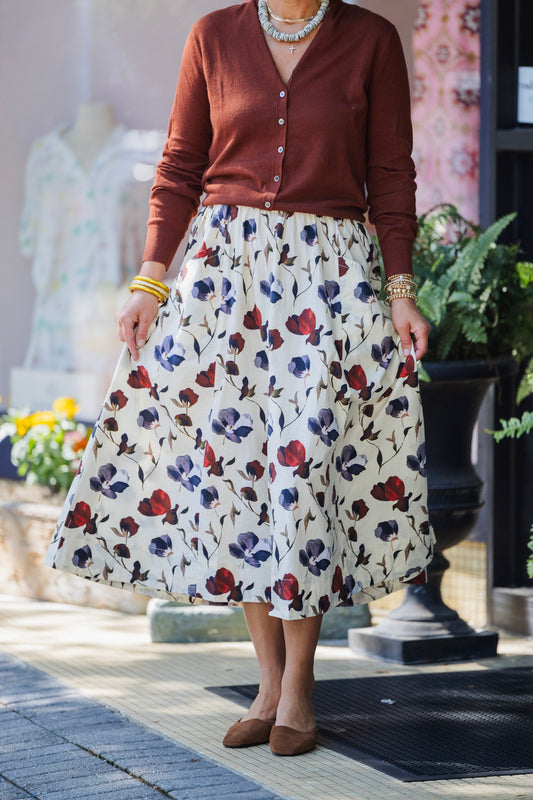 LILLA P BLUE POPPY PANELED SKIRT