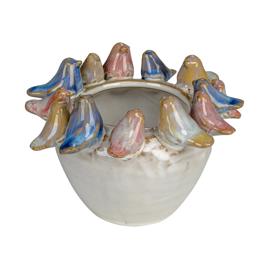 STONEWARE PLANTER W BIRD RIM