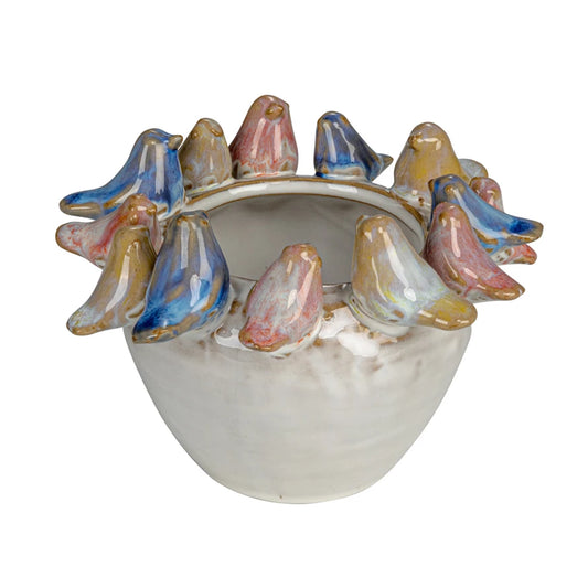 STONEWARE PLANTER W BIRD RIM