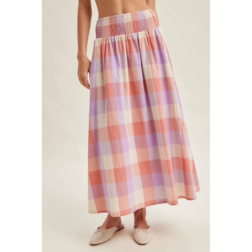 SMOCKED WAIST PLAID MIDI SKIRT