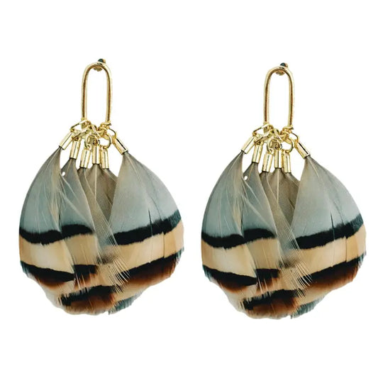 BROWN STRIPED FEATHER TASSEL EARRINGS