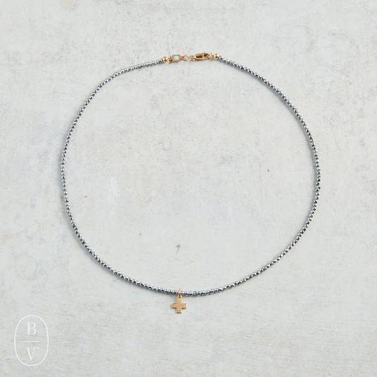 SILVER HEM CHOKER STERLING SILVER WITH CROSS 15"