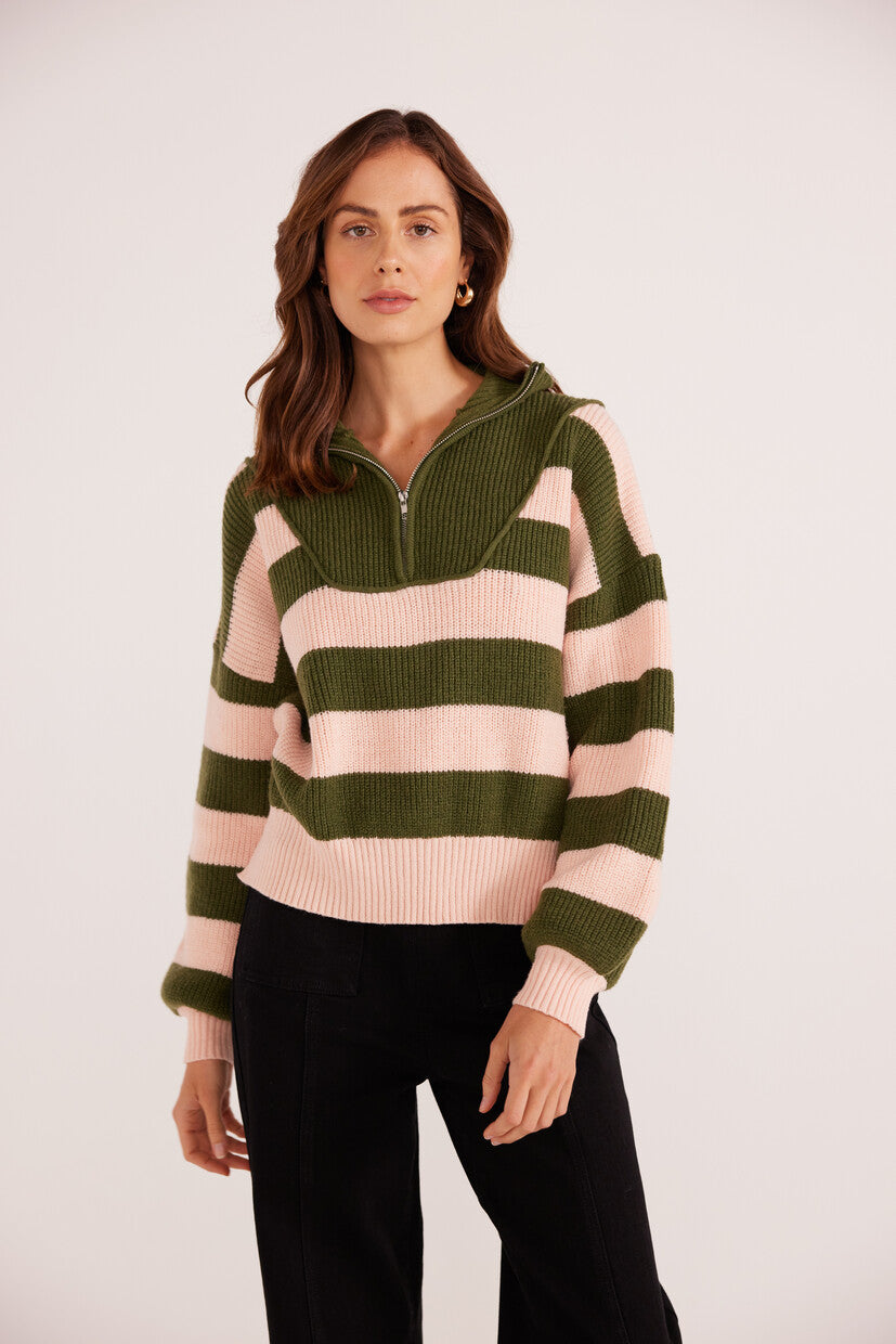 DARCY 1/4 ZIP KNIT JUMPER PINK AND KHAKI