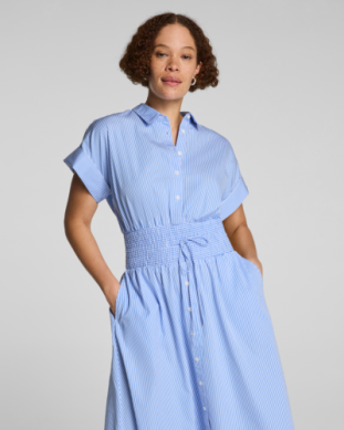 SPANX POPLIN SMOCKED MIDI SHIRT DRESS