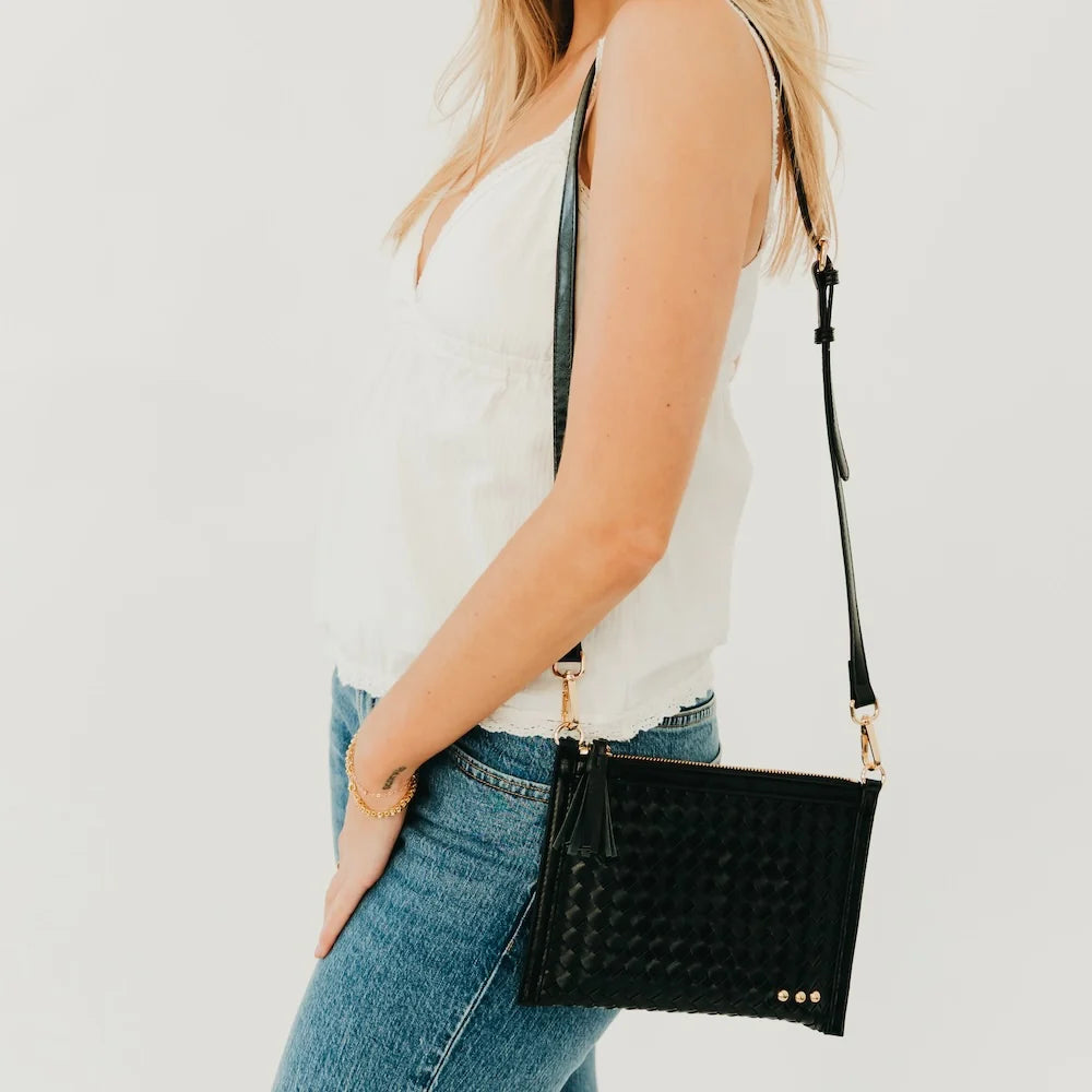 VEDA WOVEN CROSSBODY AND CLUTCH